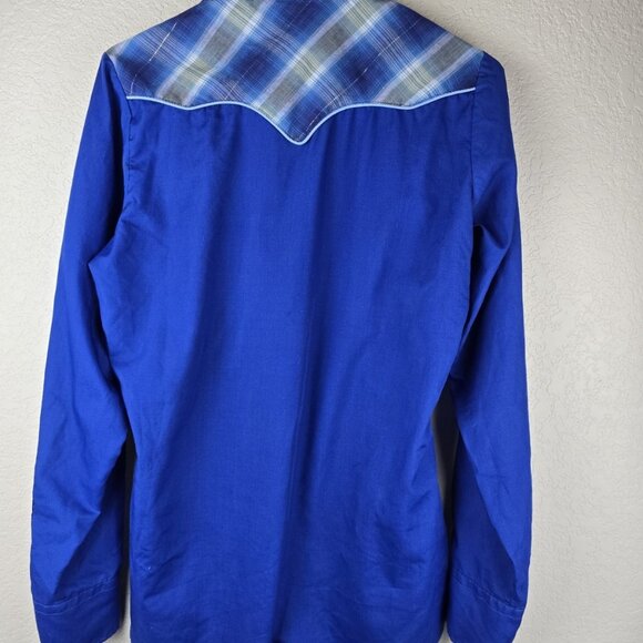 VINTAGE Western Cowboy Shirt Royal Blue Plaid Yoke Pearl Snap Retro Rockabilly - Picture 3 of 7